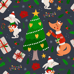 Christmas seamless pattern with foxes, hares and Christmas tree