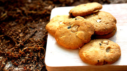 Chocolate chip cookies on a wooden floor.
