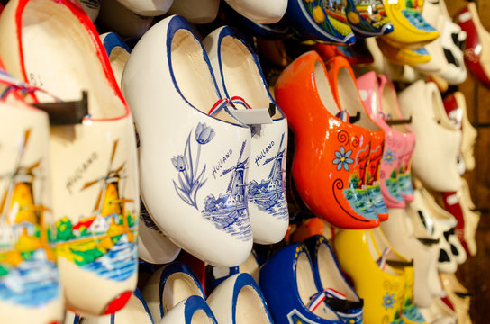 The photo Of Traditional dutch clogs wooden shoes. Close up