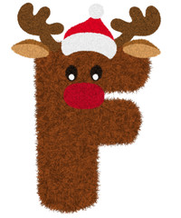 3D “Brown Reindeer wool fur feather letter” creative decorative with Red Christmas hat, Character F isolated in white background has clipping path. Design font for Christmas holiday concept.