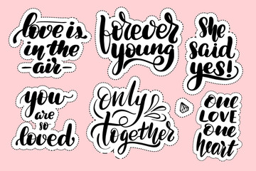 Stickers with hand drawn typography lettering inscriptions.
