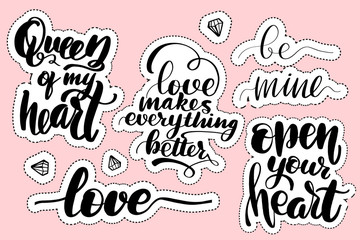 Stickers with hand drawn typography lettering inscriptions.