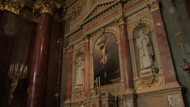 The icon of Christ on the Calvary altar painting altarpiece by Gyula Stetka smooth gimbal camera movement wide angle