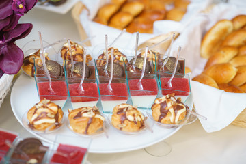 Sweet little desserts cakes in different colors on a plate prepared for the guests of the event.