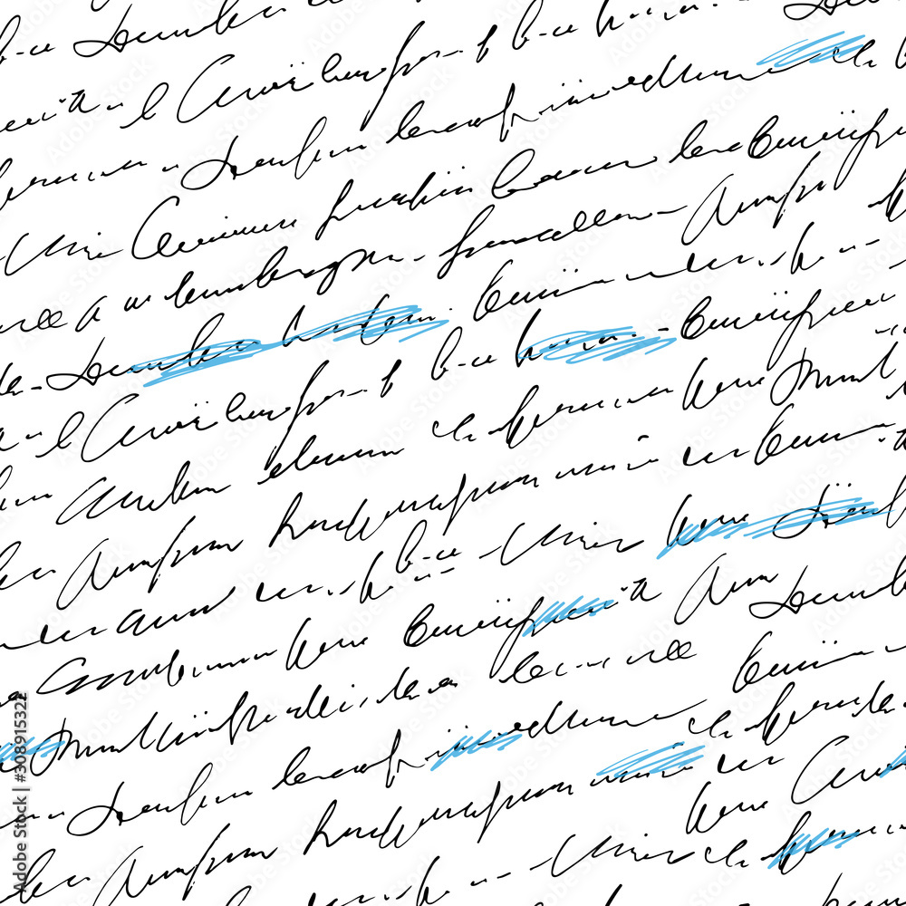 Poster handwritten abstract text with mistakes and misprints seamless pattern, vector monochrome script bac