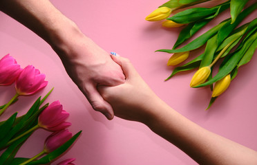 holding hands of man and woman, on pink background with tulips, topdown view