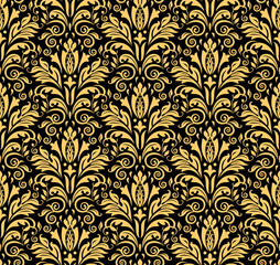 Wallpaper in the style of Baroque. Seamless vector background. Gold and black floral ornament. Graphic pattern for fabric, wallpaper, packaging. Ornate Damask flower ornament
