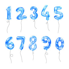  watercolor set of blue numbers. Balloons