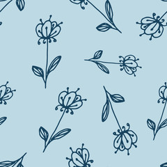 Floral seamless pattern in line art style.  Abstract botanical print of flowers, leaves, twigs. Textile design texture. Spring blossom background. Vector illustration.