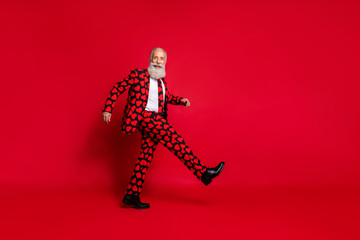 Full length body size view of nice attractive funky cheerful cheery white-haired man cherub fiance going date meet wedding congratulate isolated on bright vivid shine vibrant red color background