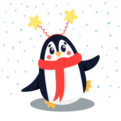 Vector, cartoon image. Character, penguin mascot, snowfall. Wild animal at the north pole, a penguin in a scarf and a rim with stars. Cute card or poster for the holidays, new year, christmas.