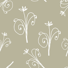 Floral seamless pattern in line art style.  Abstract botanical print of flowers, leaves, twigs. Textile design texture. Spring blossom background. Vector illustration.