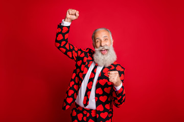 Photo of funky mature guy amour cupid character role raising fists excited party beginning wear...