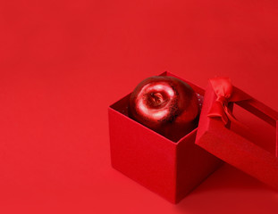 Red mettalic apple in gift box