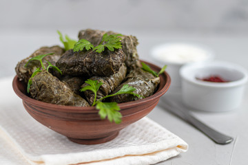 Oriental dish Dolma from grape leaves and minced meat.