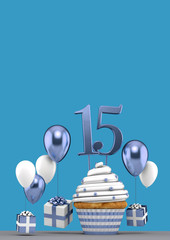 Number 15 blue birthday cupcake with balloons and gifts. 3D Render