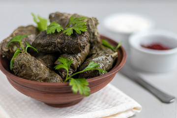 Oriental dish Dolma from grape leaves and minced meat.