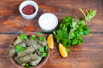 Oriental dish Dolma from grape leaves and minced meat.