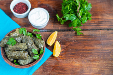 Oriental dish Dolma from grape leaves and minced meat.