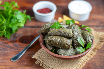 Oriental dish Dolma from grape leaves and minced meat.