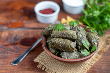 Oriental dish Dolma from grape leaves and minced meat.