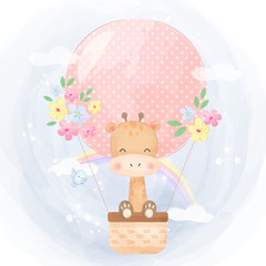 cute giraffe flying with air balloon © ariosbeth