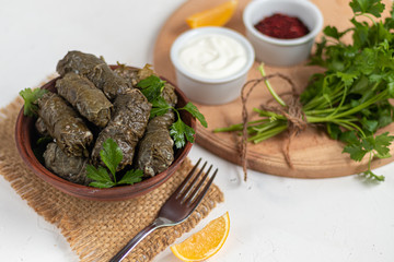 Oriental dish Dolma from grape leaves and minced meat.