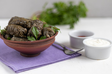 Oriental dish Dolma from grape leaves and minced meat.