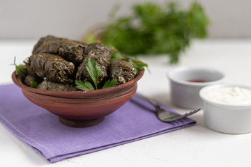 Oriental dish Dolma from grape leaves and minced meat.