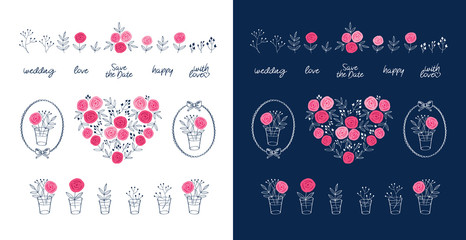 Fototapeta premium Set of hand drawn hearts, bouquets of flowers, leaves, and vintage frame. Floral elements for greeting cards, invitation, wedding, party, Valentine's Day, Mother's Day, Vector illustration.