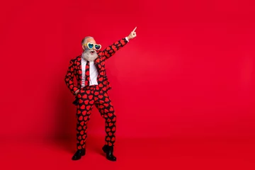  Full length body size view of his he nice attractive trendy crazy cool cheerful cheery white-haired guy dancing having fun clubbing isolated on bright vivid shine vibrant red color background © deagreez