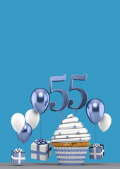 Number 55 blue birthday cupcake with balloons and gifts. 3D Render
