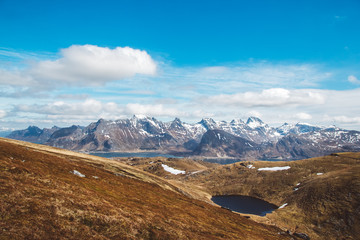 Norway mountains and landscapes on the islands Lofoten. Natural scandinavian landscape. Place for text or advertising