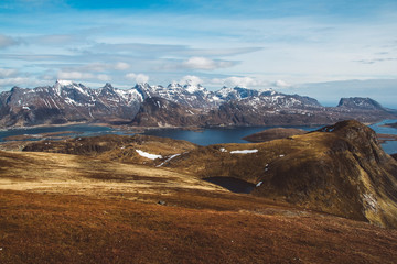 Norway mountains and landscapes on the islands Lofoten. Natural scandinavian landscape. Place for text or advertising