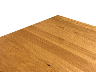 Perspective view of empty wooden table corner on white background including clipping path