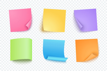 Colored papers set of curled corner page, post note collection, bent pages isolated with shadow in realistic style. Vector office sheet illustration.