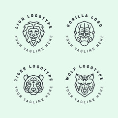 Wild Animal Circle Cute Logo Template. Creative Hipster Label Stamp Sign. Lion, Tiger, Wolf, Ape, Gorilla. Vector Flat Line Icon.