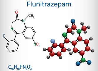 Flunitrazepam drug molecule. It has hypnotic, sedative, anxiolytic properties. Structural chemical formula and molecule model