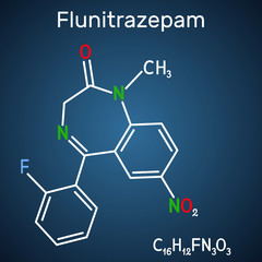 Flunitrazepam drug molecule. It has hypnotic, sedative, anxiolytic properties. Skeletal chemical formula on the dark blue background
