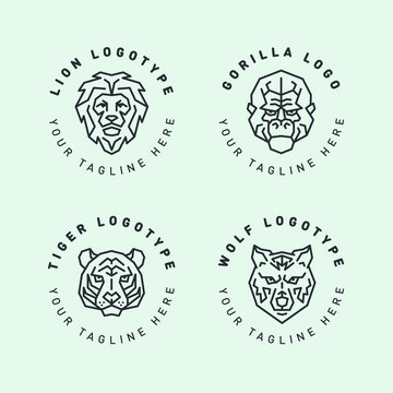 Wild Animal Circle Cute Logo Template. Creative Hipster Label Stamp Sign. Lion, Tiger, Wolf, Ape, Gorilla. Vector Flat Line Icon.