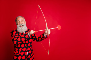 Portrait of his he nice attractive dreamy cheerful cheery white-haired guy shooting arrow wedding...