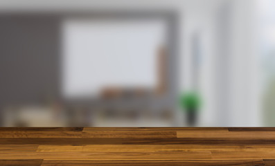 Empty interior with large window. Retro light bulb. The floor is of brown parquet.  3D rendering. wooden table. blurred background