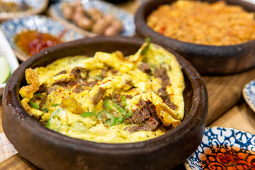 turkish breakfast table and roasted meat with egg