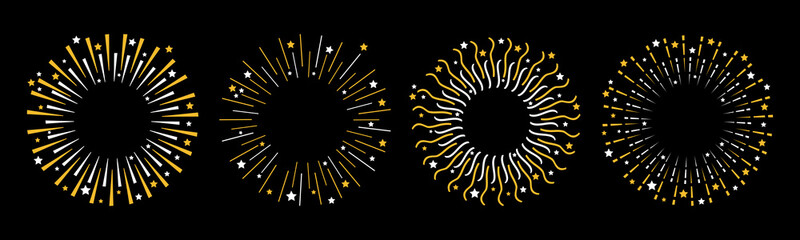 Festive fireworks. Star sparkle sunburst round frame line set. Merry Christmas. Happy New Year decoration. Golden shine line burst. Cracker light. Firecracker burst. Flat design. Black background.