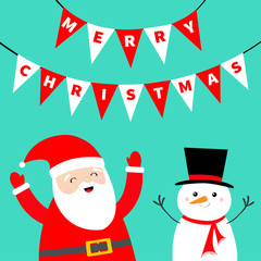 Merry Christmas bunting flags letters set.Triangle flag garland. Xmas decoration. Snowman. Santa Claus. Cute cartoon kawaii funny baby character. New Year. Greeting card. Blue background.