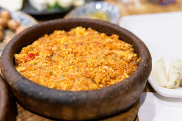 turkish breakfast table and egg pan (melemen)