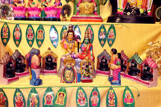 Idols of Lord Shiva, Goddess Parvati and other golu dolls