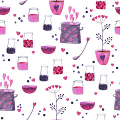 Samless pattern in pink-purple colors for St. Valentines Day. Pink plate, plant with hearts in pot, spoon with heart, glass jar with heart, pan with heart. May use for taxtile print, wrapping paper