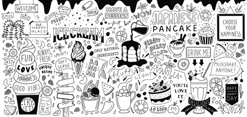 Dessert doodles wall art. Chalkboard huge ice cream vector bundle. Colourful cafe food banner.