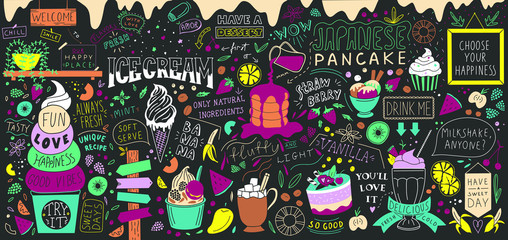 Dessert doodles wall art. Chalkboard huge ice cream vector bundle. Colourful cafe food banner.
